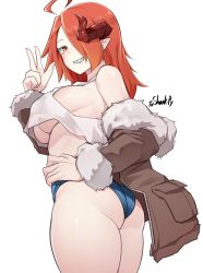 Rule 34 | 1girl, ahoge, ass, bare shoulders, blue shorts, breasts, brown jacket, cowboy shot, crop top, crop top overhang, fur trim, grin, hair over one eye, hand on own hip, hand up, highres, horns, jacket, k0ng, large breasts, long hair, looking at viewer, micro shorts, midriff, no bra, off shoulder, open clothes, open jacket, orange eyes, orange hair, original, pointy ears, sharp teeth, shirt, shorts, sidelocks, simple background, sleeveless, sleeveless shirt, smile, solo, teeth, thighs, w, white background, white shirt