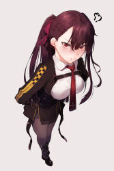 Rule 34 | 1girl, :t, bad id, bad pixiv id, black footwear, black pantyhose, black skirt, blazer, blouse, blush, braid, breasts, closed mouth, collared shirt, framed breasts, french braid, full body, girls&#039; frontline, gloves, hair between eyes, hair ribbon, half updo, hands on own hips, highres, hplay, jacket, large breasts, long hair, looking at viewer, necktie, one side up, pantyhose, pelvic curtain, pout, purple hair, red eyes, red necktie, ribbon, shirt, shoes, simple background, skirt, solo, striped clothes, striped shirt, taut clothes, taut shirt, thighband pantyhose, tsundere, very long hair, wa2000 (girls&#039; frontline), white shirt