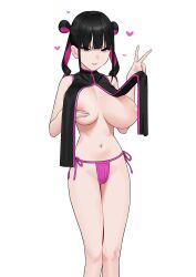 Rule 34 | 1girl, absurdres, black hair, breasts, brown eyes, clothes lift, commentary request, covering nipples, covering privates, drill hair, fffukuzawa, hand on own chest, heart, highres, huge breasts, large breasts, light blush, light smile, looking at viewer, micro panties, multicolored hair, navel, no bra, original, panties, purple hair, purple panties, short twintails, side-tie panties, sleeveless, smile, solo, standing, twin drills, twintails, underwear, v, white background