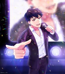 Rule 34 | 1boy, absurdres, belt, black belt, black hair, black jacket, black pants, chromatic aberration, collared shirt, commentary, cowboy shot, earrings, english commentary, highres, holding, holding microphone, idol, jacket, jewelry, kim dokja, long sleeves, looking at viewer, male focus, microphone, omniscient reader&#039;s viewpoint, open clothes, open jacket, open mouth, pants, pointing, pointing at viewer, shirt, short hair, solo, stage, standing, taozi tea, white shirt