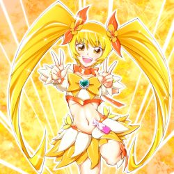 Rule 34 | 10s, 1girl, blonde hair, bow, brooch, choker, cocomo (suzaku), cure sunshine, double v, hair ribbon, heart, heart brooch, heartcatch precure!, highres, long hair, magical girl, midriff, myoudouin itsuki, navel, open mouth, orange bow, precure, ribbon, skirt, smile, solo, suzaku4752, twintails, v, yellow bow, yellow eyes
