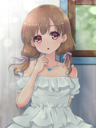 Rule 34 | 1girl, arm behind back, brown hair, chidori aya, day, dress, hair ribbon, hand up, indoors, jewelry, looking at viewer, medium hair, necklace, original, pink ribbon, red eyes, ribbon, short sleeves, standing, twintails, white dress, window