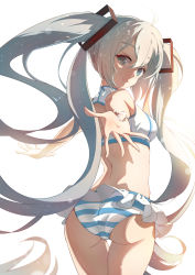 Rule 34 | 1girl, ass, backlighting, bad id, bad pixiv id, bikini, cowboy shot, green eyes, green hair, hair between eyes, hair ornament, hatsune miku, highres, long hair, looking at viewer, looking back, mismatched bikini, outstretched arm, simple background, solo, striped bikini, striped bikini bottom, striped clothes, swimsuit, taka (0taka), thigh gap, twintails, very long hair, vocaloid, white background, white bikini