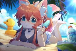 Rule 34 | 1girl, absurdres, animal ears, araunia, beach, blue eyes, breasts, brown hair, choker, cleavage, closed mouth, commission, day, food, highres, holding, holding food, holding popsicle, horns, innertube, long hair, looking at viewer, original, outdoors, popsicle, small breasts, solo, sweat, swim ring