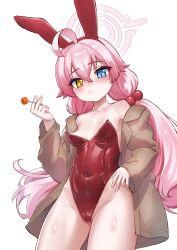 Rule 34 | 1girl, ahoge, animal ears, blue archive, blue eyes, blush, breasts, carbon12th, fake animal ears, hair bobbles, hair ornament, halo, highres, hoshino (blue archive), jacket, leotard, long hair, long sleeves, looking at viewer, pink hair, playboy bunny, rabbit ears, small breasts, solo, thighs, yellow eyes
