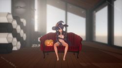 Rule 34 | 1girl, 3d, animated, black hair, blue eyes, breasts, choker, couch, female masturbation, female orgasm, fingering, genshin impact, grabbing own breast, hat, indoors, jack-o&#039;-lantern, masturbation, mona (genshin impact), naughty face, nipples, on couch, orgasm, pumpkin, small breasts, sound, tagme, thighlet, twintails, video, witch hat
