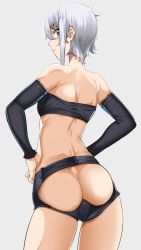Rule 34 | 1girl, ass, ass cutout, back, bad id, bad pixiv id, bare shoulders, blue eyes, blush, butt crack, clothing cutout, detached sleeves, doko tetora, hands on own hips, looking at viewer, looking back, midriff, original, short hair, shorts, silver hair, solo