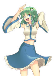 Rule 34 | 1girl, arms up, blue eyes, detached sleeves, frills, frog hair ornament, green hair, hair ornament, hitsune, kochiya sanae, looking at viewer, midriff, open mouth, shirt, simple background, skirt, sleeveless, sleeveless shirt, snake hair ornament, solo, thighs, touhou, white background