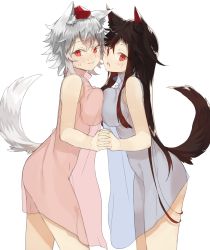 Rule 34 | 2girls, alternate costume, animal ears, bare arms, bare shoulders, blush, breast press, breasts, brown hair, closed mouth, cowboy shot, embarrassed, from side, hat, holding hands, imaizumi kagerou, interlocked fingers, inubashiri momiji, large breasts, long hair, looking at viewer, multiple girls, red eyes, see-through, short hair, sidelocks, simple background, standing, suminagashi, sweat, symmetrical docking, tail, tokin hat, touhou, very long hair, wavy mouth, white background, white hair, wolf ears, wolf tail
