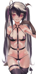 Rule 34 | 1girl, absurdres, ahoge, asymmetrical gloves, black gloves, black hair, black thighhighs, blush, breasts, commentary request, cowboy shot, demon tail, elbow gloves, eyes visible through hair, gloves, gluteal fold, hair between eyes, hair ribbon, harness, highres, long hair, looking at viewer, md5 mismatch, medium breasts, mole, mole on breast, navel, original, parted lips, priite hari (torriet), purple eyes, purple ribbon, resolution mismatch, revealing clothes, revision, ribbon, sidelocks, simple background, single elbow glove, smile, solo, source smaller, standing, stomach, tail, tail around own leg, thigh strap, thighhighs, torriet, twintails, uneven gloves, very long hair, white background