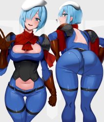 Rule 34 | 1girl, :d, armor, ass, bent over, beret, blue bodysuit, blue eyes, blue hair, blush, bob cut, bodysuit, breasts, cleavage cutout, clothing cutout, commentary request, commission, copyright request, doko tetora, gloves, gluteal fold, hair over one eye, hand up, hat, head tilt, large breasts, looking at viewer, multiple views, navel cutout, one eye covered, open mouth, pauldrons, red gloves, short hair, shoulder armor, skeb commission, smile, sweat, thigh gap, white headwear