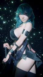 Rule 34 | 1girl, 3d, armlet, blender (medium), blue hair, bracelet, breasts, byleth (female) (fire emblem), byleth (fire emblem), dancer (fire emblem: three houses), dark background, fire emblem, fire emblem: three houses, highres, j9006, jewelry, large breasts, light particles, looking at viewer, medium hair, necklace, nintendo, official alternate costume, pommel, shade, shawl, sideboob, solo, sword, thighs, weapon