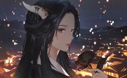 Rule 34 | 1girl, architecture, black eyes, black flower, black hair, blurry, blurry background, commentary, dragon horns, east asian architecture, english commentary, fingernails, flower, from side, holding, holding flower, horns, lantern, leaf, light smile, lips, long hair, looking at viewer, mountainous horizon, night, night sky, open mouth, original, outdoors, rose, sharp fingernails, sky, solo, yueko (jiayue wu)