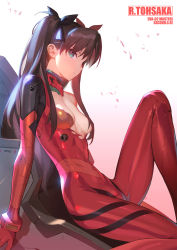 Rule 34 | 1girl, black ribbon, blue eyes, bodysuit, breasts, commentary request, cosplay, crossover, evangelion: 3.0 you can (not) redo, fate/stay night, fate (series), green eyes, hair ribbon, highres, knee up, legs, long hair, long legs, looking at viewer, neon genesis evangelion, plugsuit, rebuild of evangelion, red bodysuit, revision, ribbon, shiny skin, siino, sitting, skin tight, small breasts, solo, souryuu asuka langley, souryuu asuka langley (cosplay), thighs, tohsaka rin, torn bodysuit, torn clothes, twintails, two side up, white background