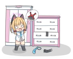 Rule 34 | 1girl, animal ear headphones, animal ears, black thighhighs, blue archive, blunt bangs, cabinet, cat ear headphones, chibi, collared shirt, commentary request, confused, crying, crying with eyes open, drawer, fake animal ears, full body, hair ribbon, halo, hands on own head, headphones, highres, light brown hair, long sleeves, momoi (blue archive), necktie, panties, parted bangs, pleated skirt, ribbon, school uniform, shirt, short hair, sidelocks, skirt, solo, spoken object, standing, suspender skirt, suspenders, tears, thighhighs, tress ribbon, underwear, white panties, white shirt, wjddn