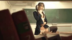 Rule 34 | animated, animated gif, asian, black legwear, bra, bra pull, breasts, chalkboard, classroom, clothes lift, clothes pull, crotch rub, crystal eizou, desk, ekdv-240, finger to mouth, glasses, japanese (nationality), lowres, masturbation, nipples, open clothes, open shirt, panties, photo (medium), school, school uniform, serafuku, shirt, skirt, skirt lift, small breasts, table humping, thighhighs, tsubomi (av idol), twintails, underwear, white bra, white panties