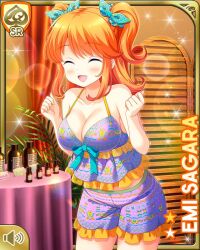 Rule 34 | 1girl, barefoot, blue bow, blue eyes, bow, breasts, card (medium), character name, closed eyes, girlfriend (kari), indoors, large breasts, official art, open mouth, orange hair, purple shirt, purple shorts, qp:flapper, sagara emi, shirt, shorts, smile, standing, tagme, two side up