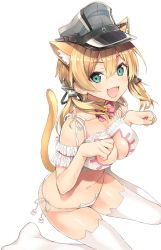 Rule 34 | 1girl, :d, animal ear fluff, animal ear legwear, animal ears, aqua eyes, arm garter, black hat, blush, bow, bra, breasts, cat cutout, cat ear legwear, cat ear panties, cat ears, cat girl, cat lingerie, cat tail, choker, cleavage, cleavage cutout, clothing cutout, collarbone, commentary request, fang, frilled bra, frills, groin, hair between eyes, hat, highres, inuzumi masaki, kantai collection, kemonomimi mode, lapels, large breasts, long hair, looking at viewer, meme attire, navel, neck bell, open mouth, panties, paw pose, peaked cap, peaked lapels, pink bow, prinz eugen (kancolle), side-tie panties, simple background, sitting, smile, solo, standing, tail, thighhighs, underwear, underwear only, wariza, white background, white bra, white choker, white thighhighs