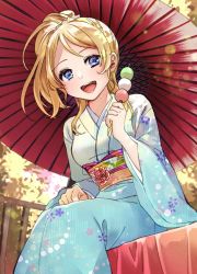 Rule 34 | 1girl, aqua kimono, artist name, artist request, ayase eli, blonde hair, blue eyes, blush, breasts, female focus, floral print, flower print, food, hair between eyes, hair ornament, hair scrunchie, high ponytail, highres, holding, holding food, japanese clothes, kimono, long hair, long sleeves, looking at viewer, love live!, love live! school idol project, obi, oil-paper umbrella, parted lips, ponytail, red umbrella, sash, scrunchie, short hair, smile, solo, umbrella, white scrunchie, wide sleeves