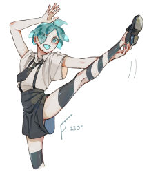 Rule 34 | 1other, absurdres, ahoge, androgynous, aqua hair, aqua nails, arm up, bare arms, black necktie, black shorts, collared shirt, cowboy shot, eyes visible through hair, gem uniform (houseki no kuni), hair over one eye, highres, houseki no kuni, iciriini, leg lift, motion lines, necktie, open mouth, other focus, outstretched arm, phosphophyllite, shirt, short hair, short sleeves, shorts, simple background, smile, solo, striped skin, suspender shorts, suspenders, translucent hair, white background, white shirt
