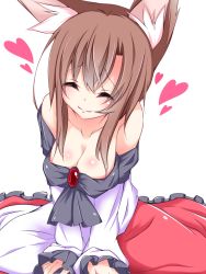 Rule 34 | 1girl, alternate hair length, alternate hairstyle, animal ears, asn s, bad id, bad pixiv id, bare shoulders, blush, breasts, brooch, brown hair, cleavage, closed eyes, collarbone, facing viewer, heart, highres, imaizumi kagerou, jewelry, large breasts, long sleeves, short hair, simple background, smile, solo, touhou, upper body, v arms, white background, wolf ears