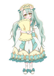 Rule 34 | animal ears, blush, dress, frilled dress, frills, full body, green eyes, green hair, hair between eyes, hair ornament, highres, hugging object, looking at viewer, nojyo plus, open mouth, pillow, precia (princess connect!), princess connect!, ribbon, shoes, simple background, standing, white background