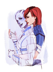 2girls blue_eyes blue_shirt blue_skin colored_skin commander_shepard commander_shepard_(female) from_side gloves hug hug_from_behind jacket jenn_so liara_t&#039;soni looking_back mass_effect_(series) mass_effect_3 multiple_girls parted_lips red_hair red_lips shirt short_hair sketch smile tentacle_hair upper_body white_gloves white_jacket yuri