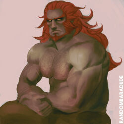 Rule 34 | 1boy, bad id, bad tumblr id, bara, beard, brown background, chest hair, closed mouth, colored skin, facial hair, forked eyebrows, ganondorf, green skin, hair slicked back, large pectorals, long hair, male focus, mature male, muscular, muscular male, nintendo, pectorals, randombaradude, red hair, simple background, sitting, solo, the legend of zelda, thick beard, thick eyebrows, upper body, yellow eyes