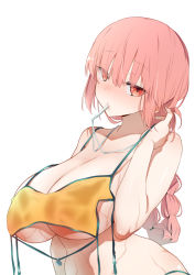 Rule 34 | 1girl, adjusting hair, bare shoulders, bikini, blush, braid, breasts, cleavage, commentary request, fate/grand order, fate (series), florence nightingale (chaldea lifesavers) (fate), florence nightingale (fate), furau, hair between eyes, highres, in mouth, large breasts, long hair, pink eyes, pink hair, single braid, stomach, swimsuit, underboob, very long hair, whistle, whistle around neck, wide hips, yellow bikini