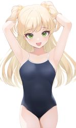 Rule 34 | 1girl, :d, armpits, arms up, blonde hair, blue one-piece swimsuit, commentary request, cowboy shot, eyelashes, gokome, green eyes, hair ornament, highres, idolmaster, idolmaster cinderella girls, jougasaki rika, long hair, looking at viewer, one-piece swimsuit, open mouth, school swimsuit, short twintails, simple background, smile, solo, swimsuit, twintails, white background