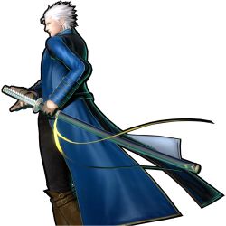 Rule 34 | 1boy, blue eyes, capcom, devil may cry, devil may cry (series), devil may cry 3, jacket, male focus, marvel, marvel vs. capcom, marvel vs. capcom 3, simple background, solo, sword, vergil (devil may cry), weapon, white hair, yamato (sword)