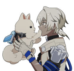 Rule 34 | 1boy, animal, arlan (honkai: star rail), armor, backpack, bag, collar, colored tips, commentary, covering own mouth, dark-skinned male, dark skin, dog, from side, gloves, grey hair, holding, holding animal, holding dog, honkai: star rail, honkai (series), jacket, male focus, multicolored hair, peppy (honkai: star rail), ponytail, profile, red eyes, rocket, scar, scar on face, scar on nose, short hair, short ponytail, short sleeves, simple background, udeudede, upper body, white background, white gloves, white hair, white jacket