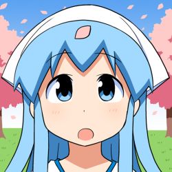 Rule 34 | 1girl, :o, anbe masahiro, blue eyes, blue hair, blue sky, cherry blossoms, close-up, day, facing viewer, gradient sky, grass, hat, ikamusume, long hair, looking up, lowres, object on head, official art, open mouth, outdoors, petals, portrait, shinryaku! ikamusume, sky, solo, spring (season), squid hat, straight-on, tareme, third-party source, tree, white hat, wind