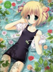 Rule 34 | black one-piece swimsuit, blonde hair, flower, from above, green eyes, jpeg artifacts, leaf, looking up, lying, morinaga korune, non-web source, one-piece swimsuit, school swimsuit, short hair, solo, submerged, swimsuit, thigh gap, thighs