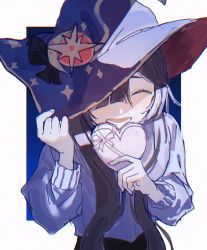 Rule 34 | asymmetrical bangs, blue hat, closed eyes, genshin impact, gift, hair over one eye, hand on headwear, happy, hat, hat ornament, hat over one eye, heart, highres, long sleeves, looking at viewer, mona (genshin impact), nagikiho, smile, star (symbol), star hat ornament, sweater, twintails, valentine, witch hat