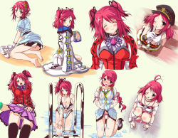 Rule 34 | 1girl, adjusting clothes, adjusting swimsuit, ahoge, alternate costume, antenna hair, asbel lhant, asbel lhant (cosplay), bad id, bad pixiv id, barefoot, blush, brown eyes, casual one-piece swimsuit, cheria barnes, cosplay, costume chart, cross, cross necklace, feet, gloves, hairband, haru (arser doil), hat, jewelry, multiple persona, multiple views, necklace, official alternate costume, one-piece swimsuit, one eye closed, panties, pantyshot, pink hair, ponytail, pool, purple skirt, rosary, side ponytail, skirt, swimsuit, tales of (series), tales of graces, thighhighs, twintails, two side up, underwear, upskirt, wet, white background, wink