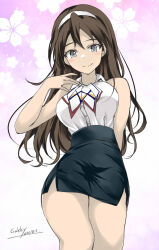 Rule 34 | adapted costume, ashigara (kancolle), black skirt, brown eyes, brown hair, collared shirt, dress shirt, gakky, hairband, highres, kantai collection, long hair, multicolored neckerchief, neckerchief, one-hour drawing challenge, pencil skirt, shirt, skirt, sleeveless, sleeveless shirt, wavy hair, white hairband, white shirt