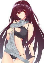 Rule 34 | 1girl, aran sweater, backless dress, backless outfit, black bra, black panties, blush, bra, breasts, cable knit, cat cutout, cat lingerie, cleavage, cleavage cutout, clothes pull, clothes tug, clothing cutout, cowboy shot, dress, fate/grand order, fate (series), groin, hair between eyes, hair intakes, head tilt, hip focus, large breasts, long hair, looking at viewer, meme attire, open mouth, panties, purple hair, red eyes, scathach (fate), shunichi, simple background, smile, solo, stomach, sweater, sweater dress, sweater tug, thighs, turtleneck, underwear, very long hair, virgin killer sweater, white background, wristband