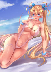 Rule 34 | 1girl, absurdres, areola slip, bare shoulders, beach, blonde hair, blue eyes, blue sky, blush, bradamante (fate), braid, breasts, center opening, cleavage, collarbone, commentary request, crown braid, day, fate/grand order, fate (series), hair between eyes, hand on own chest, highleg, highleg swimsuit, highres, large breasts, long hair, looking at viewer, navel, ocean, one-piece swimsuit, open mouth, outdoors, shore, sky, slingshot swimsuit, solo, swimsuit, thigh strap, thighs, twintails, uchida shou, very long hair, white one-piece swimsuit, white slingshot swimsuit