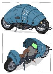 Rule 34 | absurdres, animal-themed vehicle, armored vehicle, commentary request, gatling santouhei, highres, isopod, kickstand, motor vehicle, motorcycle, no humans, original, vehicle focus, white background