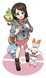 Rule 34 | 1girl, backpack, bag, boots, brown eyes, brown hair, coat, creatures (company), from above, full body, game freak, gen 8 pokemon, gloria (pokemon), grey coat, grookey, hood, hooded sweater, looking at viewer, miniskirt, nintendo, pokemon, pokemon (creature), pokemon swsh, round teeth, scorbunny, short hair, simple background, skirt, smile, sobble, socks, standing, starter pokemon trio, striped clothes, striped legwear, striped socks, sweater, swept bangs, teeth, vertical-striped clothes, vertical-striped socks, wm (chawoo1357)