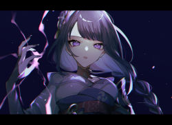 Rule 34 | 1girl, black background, braid, breasts, bridal gauntlets, commentary request, electricity, floral print, flower, genshin impact, hair ornament, highres, japanese clothes, kimono, large breasts, light particles, long hair, looking at viewer, mitsudomoe (shape), mole, mole under eye, nanashi 74, obi, obiage, obijime, open mouth, parted lips, purple eyes, purple flower, purple hair, raiden shogun, ribbon, sash, simple background, solo, tassel, tomoe (symbol)
