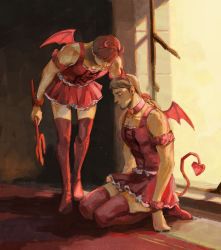 Rule 34 | 2boys, alternate costume, che (cyan crown), demon horns, demon tail, dress, facial hair, floch forster, frilled dress, frills, full body, goatee, hand on another&#039;s back, heart, heart collar, heart tail, highres, holding, holding trident, holding weapon, horns, jean kirstein, kneeling, leaning forward, light brown hair, male focus, multiple boys, red skirt, scene reference, shingeki no kyojin, skirt, spoilers, sunlight, sunset, tail, thighhighs, weapon, whispering