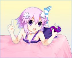 Rule 34 | 1girl, bare shoulders, breasts, choker, controller, d-pad, d-pad hair ornament, female focus, flat chest, game controller, hair ornament, hairclip, happy, highres, jersey, jersey dress, leggings, lying, neptune (neptunia), neptune (series), on stomach, open mouth, purple eyes, purple hair, short hair, simple background, small breasts, socks, solo, striped clothes, striped socks, thighhighs, zipper