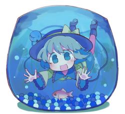 Rule 34 | 1girl, :d, air bubble, baron (x5qgeh), black footwear, black hat, blouse, blue eyes, blush, boots, bubble, buttons, chibi, collared shirt, commentary, diamond button, eyeball, fish, fishbowl, frilled shirt collar, frilled sleeves, frills, full body, goldfish, green hair, green skirt, hair between eyes, hat, hat ribbon, in container, komeiji koishi, long sleeves, medium hair, open mouth, outstretched arms, ribbon, shirt, simple background, skirt, smile, solo, submerged, third eye, touhou, water, wavy hair, white background, wide sleeves, yellow ribbon, yellow shirt