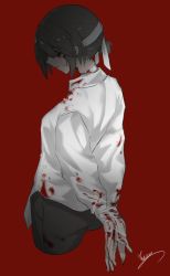 Rule 34 | 1girl, black pants, blood, blood on clothes, blood on face, bound, bound arms, brown hair, closed mouth, long sleeves, original, pants, polo shirt, qtian, red background, shirt, short hair, signature, simple background, solo, white blindfold, white shirt