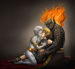 Rule 34 | 3boys, alternate costume, anklet, armlet, artist request, blonde hair, blush, boy sandwich, closed eyes, colored skin, demise (zelda), earrings, elf, ghirahim, grey skin, grin, group sex, half-closed eyes, imminent rape, interspecies, jewelry, kiss, link, long hair, looking at another, male focus, mmm threesome, monster boy, multiple boys, nintendo, orange hair, pointy ears, red eyes, sandwiched, short hair, smile, the legend of zelda, the legend of zelda: skyward sword, threesome, white hair, yaoi