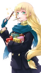 Rule 34 | 1girl, blonde hair, blue gloves, blue scarf, box, coat, contemporary, ebi puri (ebi-ebi), fingerless gloves, fire emblem, fire emblem: three houses, food, food in mouth, gloves, green eyes, highres, holding, holding food, ingrid brandl galatea, long hair, low-tied long hair, nintendo, pocky, pocky day, scarf, star (symbol), too many, white background, winter clothes, winter coat