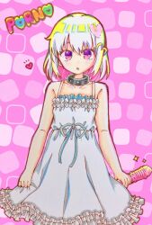 Rule 34 | 1girl, :o, awayuki (kokakoka art), bare shoulders, blush, character name, collar, colored inner hair, dildo, dohna dohna issho ni warui koto o shiyou, dress, frilled dress, frills, hair ornament, heart, heart hair ornament, highres, holding, holding sex toy, looking at viewer, multicolored hair, open mouth, pink background, pink eyes, pink hair, porno (dohna dohna), sex toy, short hair, sleeveless, sleeveless dress, solo, sparkle, spiked collar, spikes, straight-on, two-tone hair, upper body, white dress, white hair