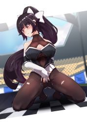 Rule 34 | 1girl, azur lane, bare shoulders, black hair, black leotard, black pantyhose, blush, bow, breasts, brown eyes, checkered flag, cleavage, cleavage cutout, closed mouth, clothing cutout, collarbone, covered erect nipples, elbow gloves, fingerless gloves, flag, gloves, hair bow, highres, large breasts, leotard, long hair, looking away, nanostar, pantyhose, ponytail, race queen, side slit, solo, takao (azur lane), takao (full throttle charmer) (azur lane), very long hair, white bow, white gloves